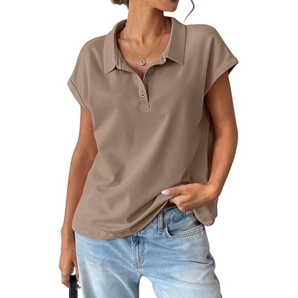 EasyGala Polo Shirt Womens Medium Khaki Oversized Cap Sleeve Henley Summer Top